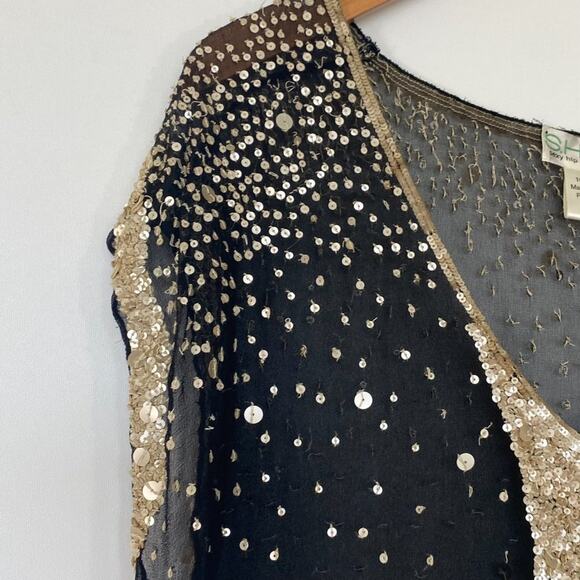 Vintage Shag Black Cream Sequin Embellished Blouse Top - Picture 6 of 16